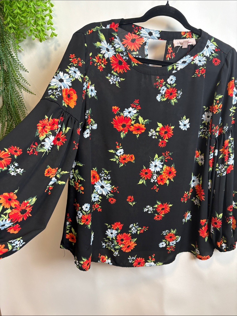Philosophy Black Floral Long-Sleeve Blouse with Red & White Blooms